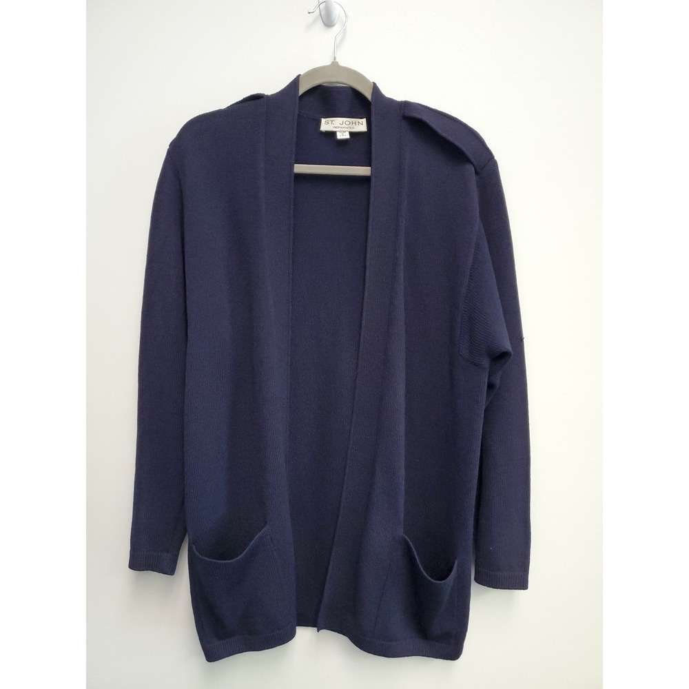 St John Separates Sweater Santana Knit Cardi Navy Open Front Gold Buttons Sz M